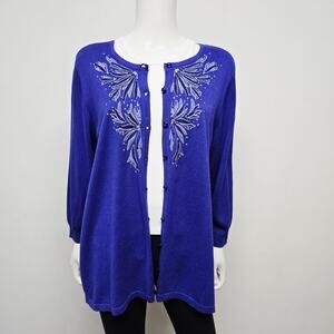 Bob Mackie Wearable Art Cardigan Size XL Purple Embroidered Sequins 3/4 Sleeve